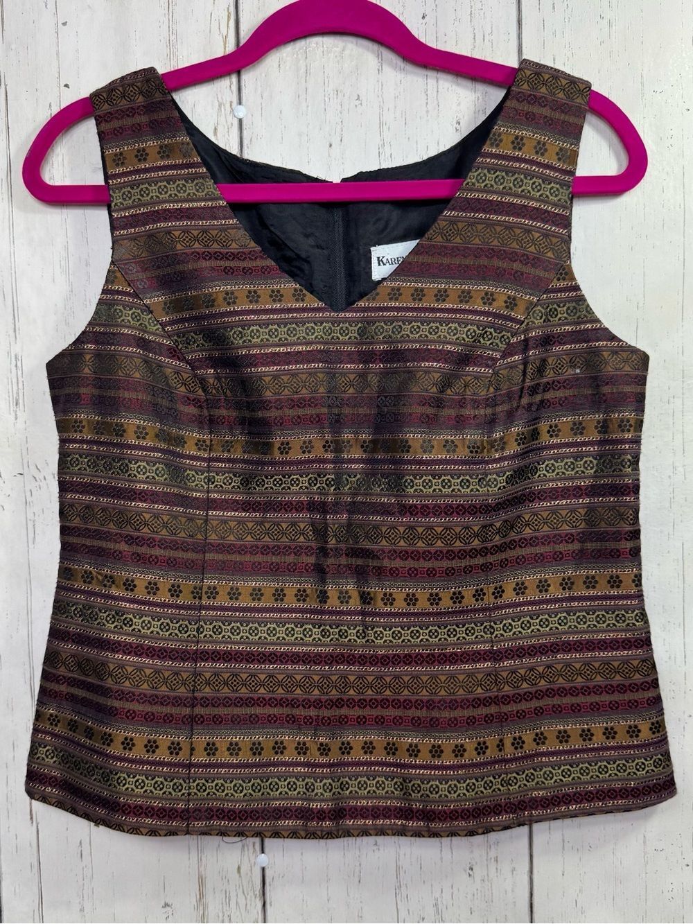 Karen Miller Brown Gold Brocade Vest Size 8 Boho Tapestry Dark Academia Artsy